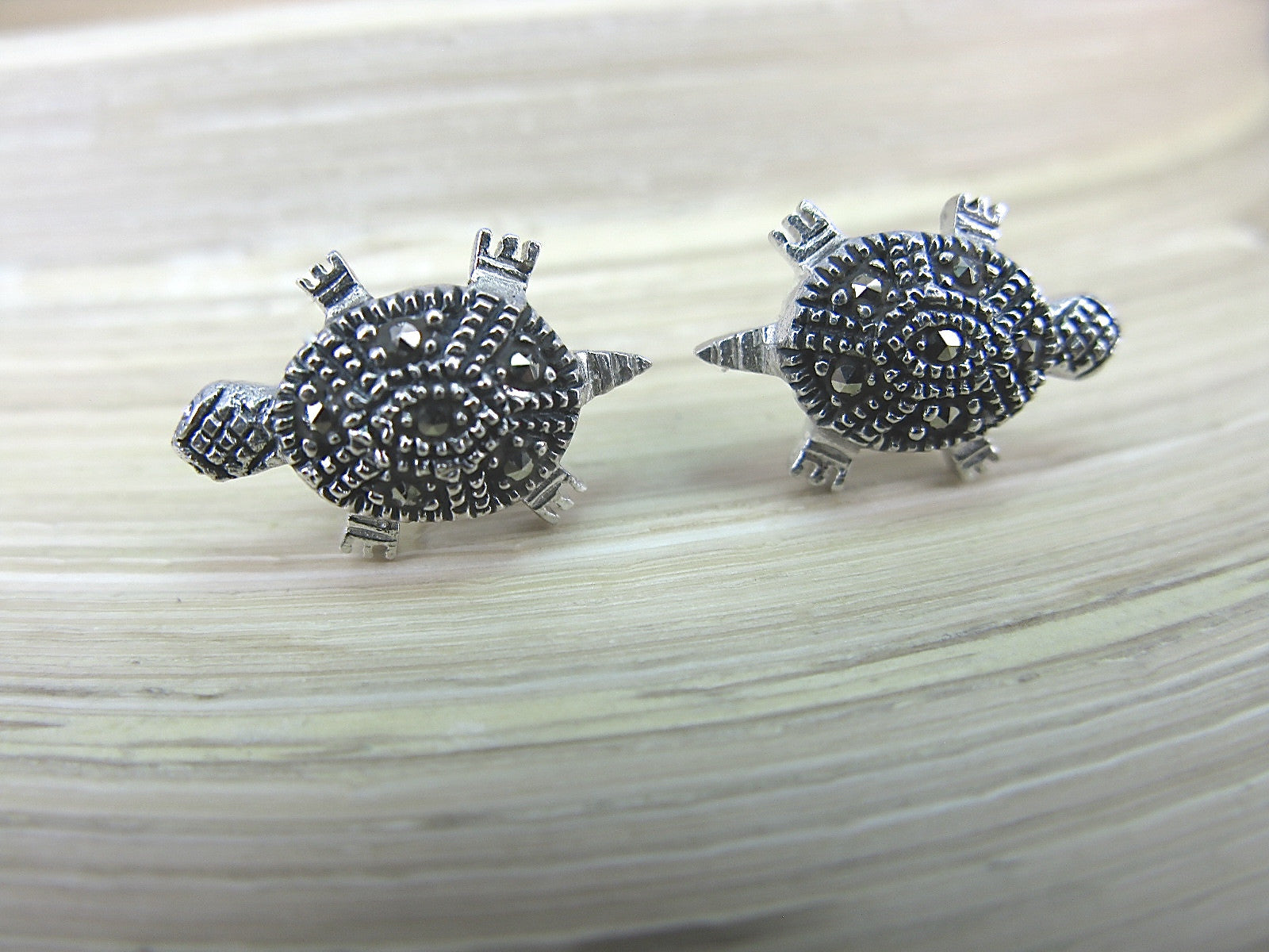 Turtle Marcasite Stud Earrings in 925 Sterling Silver