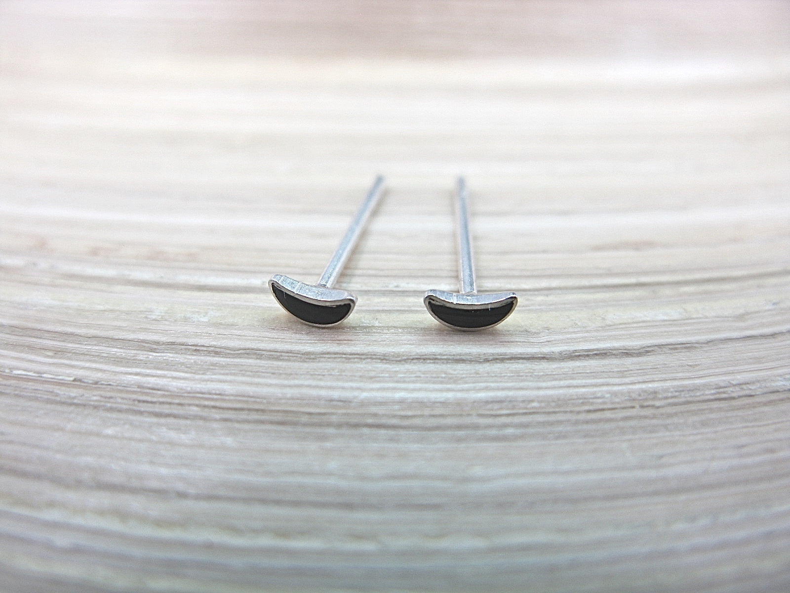 Onyx Crescent Moon Stud Earrings in 925 Sterling Silver