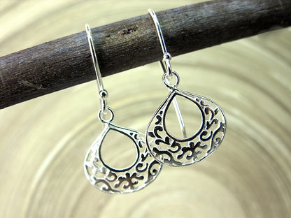 Filigree Lace Dangle Drop Pear Shaped 925 Sterling Silver Earrings Earrings - Faith Owl