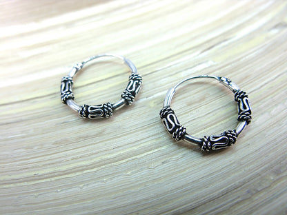 Balinese 14mm Round Oxidized 925 Sterlings Silve Hoop Earrings Earrings - Faith Owl