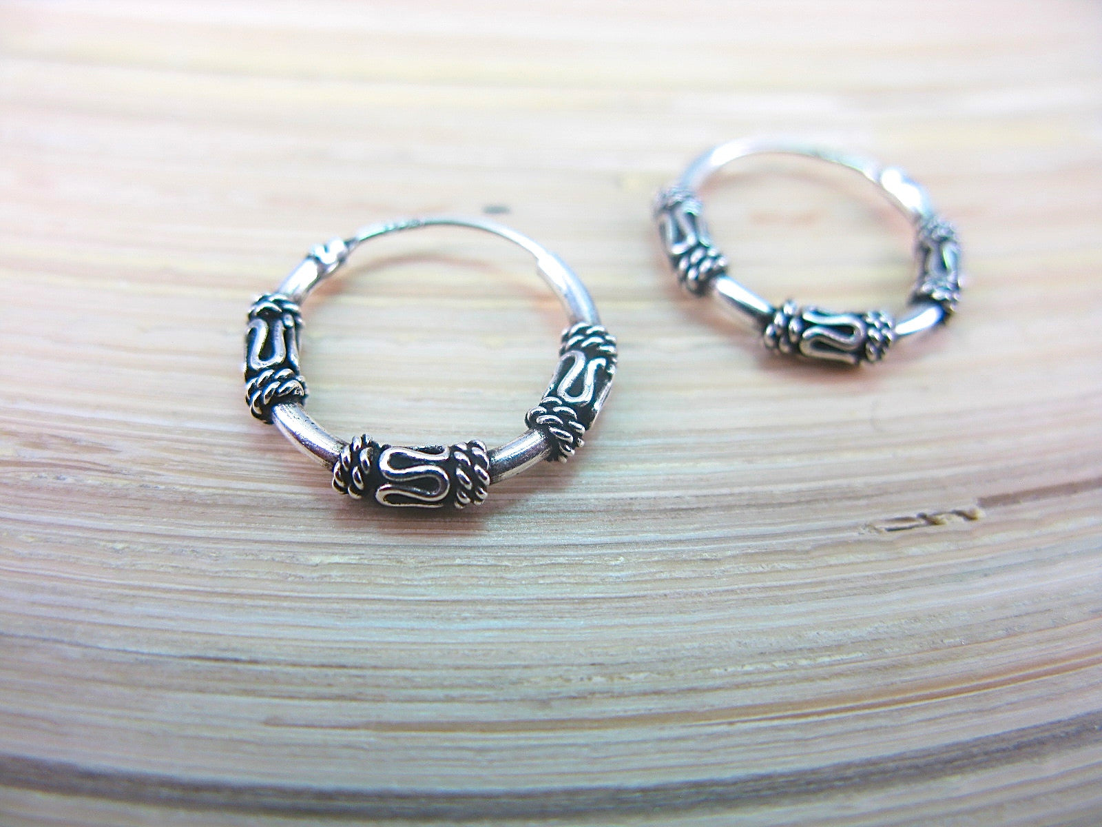 Balinese 14mm Round Oxidized 925 Sterlings Silve Hoop Earrings Earrings - Faith Owl