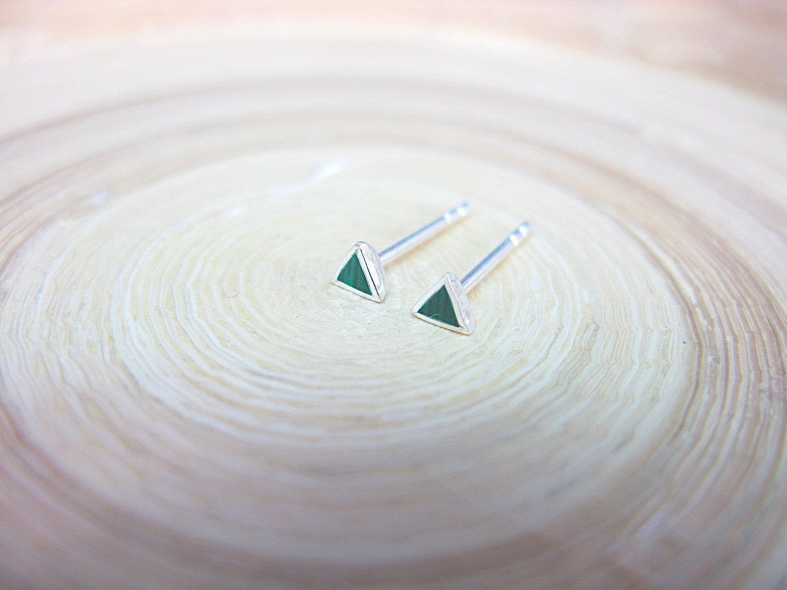 Malachite 3mm Tiny Triangle Stud Earrings in 925 Sterling Silver