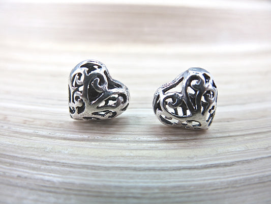 Heart Filigree Engraved Stud Earrings in 925 Sterling Silver Stud - Faith Owl