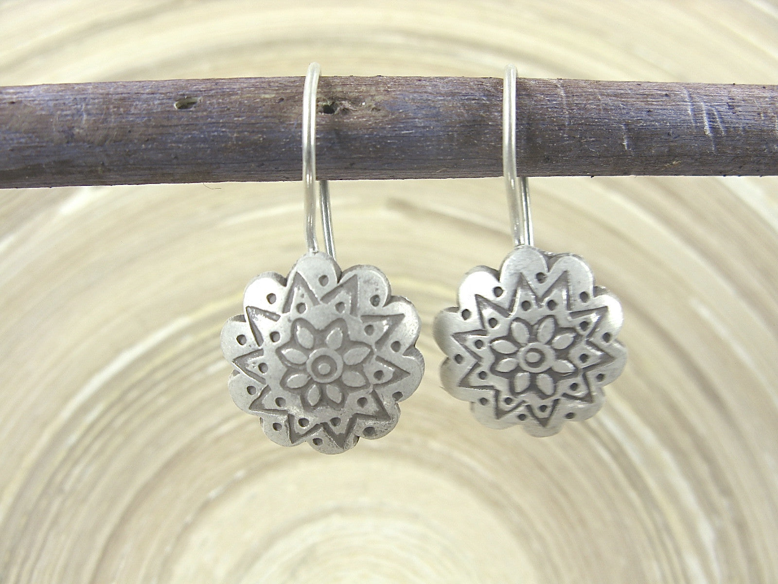 Flower Engrave Tribal 925 Sterling Silver Ear Wire Earrings Earrings Faith Owl - Faith Owl