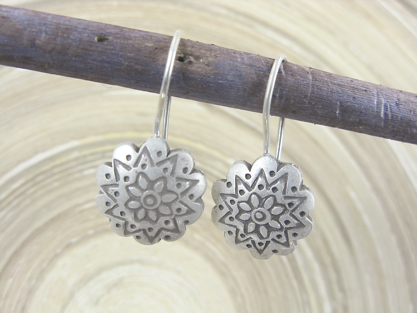 Flower Engrave Tribal 925 Sterling Silver Ear Wire Earrings Earrings Faith Owl - Faith Owl