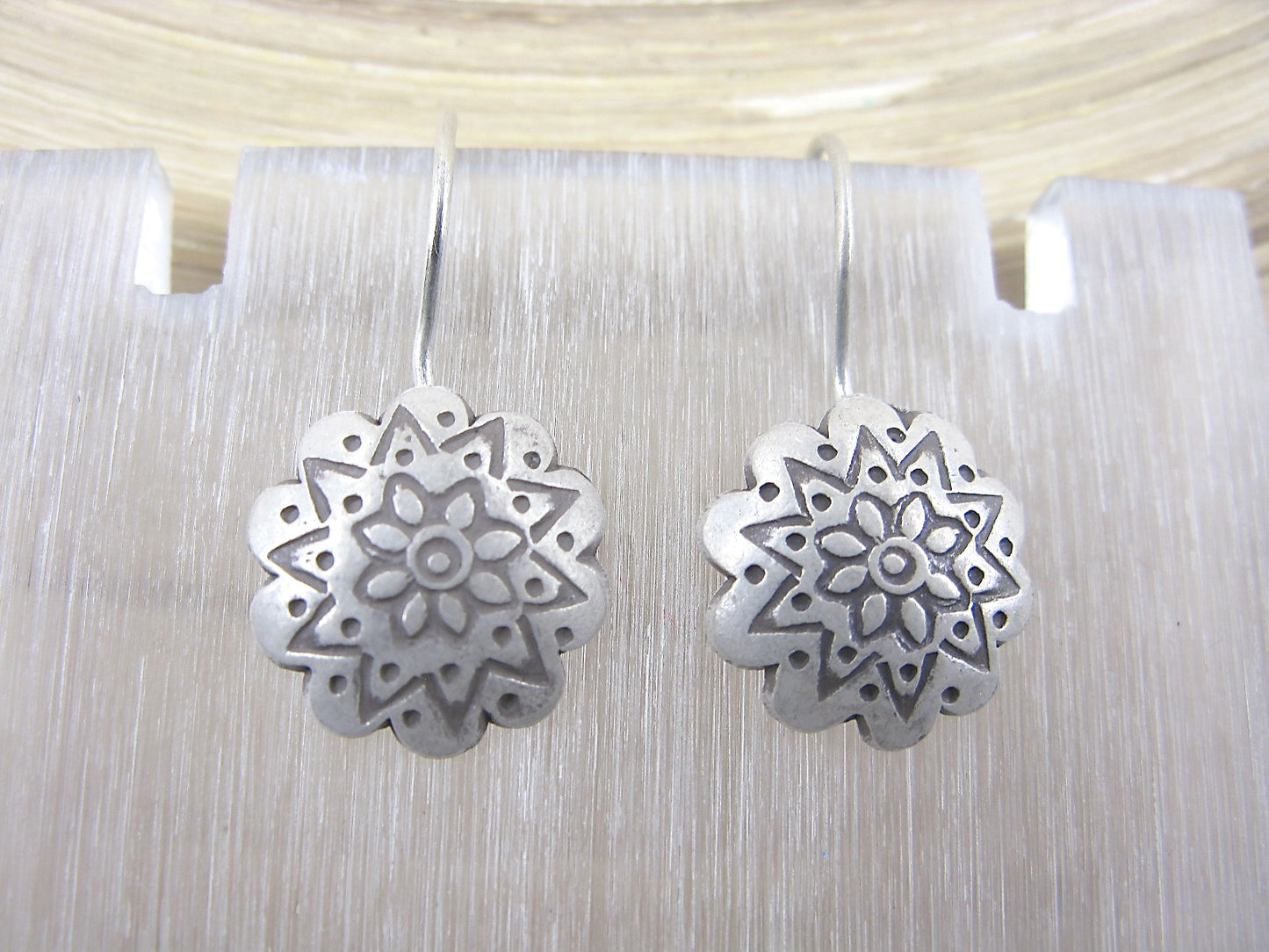 Flower Engrave Tribal 925 Sterling Silver Ear Wire Earrings Earrings Faith Owl - Faith Owl