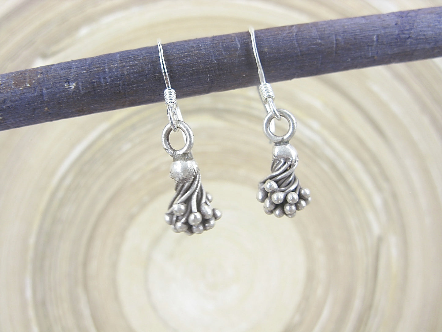 Lotus Flower Tribal Oxidized 925 Sterling Silver Ear Wire Earrings