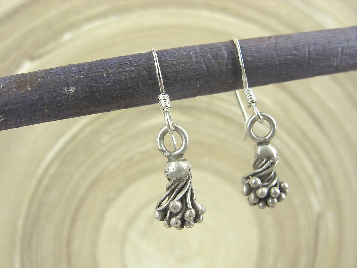 Lotus Flower Tribal Oxidized 925 Sterling Silver Ear Wire Earrings