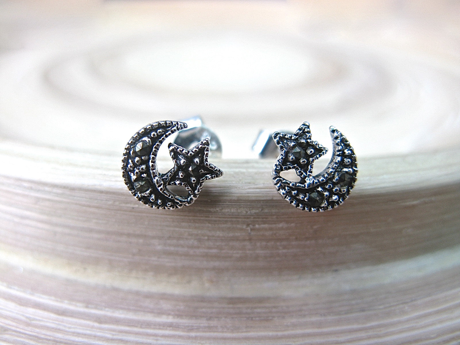 Crescent Moon Star Marcastier Earrings Stud in 925 Sterling Silver Stud - Faith Owl