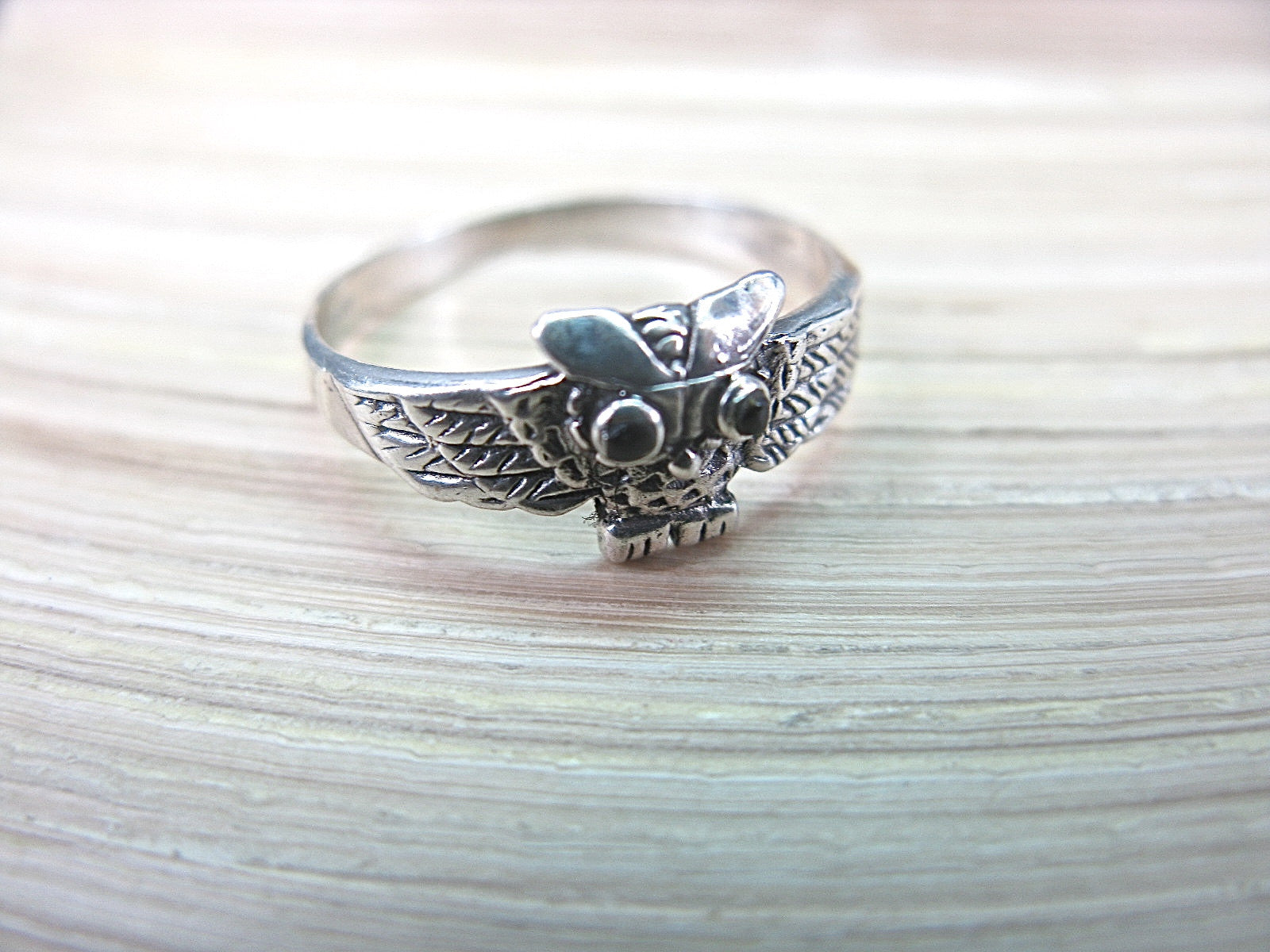 Owl Ring Onyx in  925 Sterling Silver