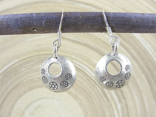 Round Disc Tribal Engrave Dangle 925 Sterling Silver Earrings Earrings Faith Owl - Faith Owl