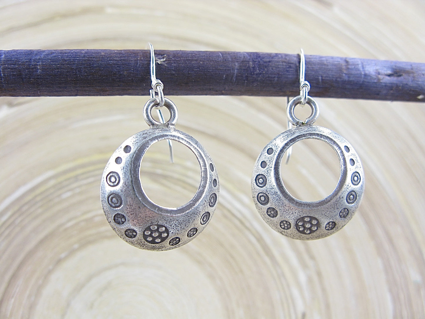 Round Tribal Engrave Dangle 925 Sterling Silver Earrings Earrings Faith Owl - Faith Owl