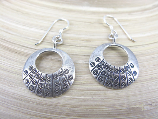 Round Disc Tribal Engrave Dangle 925 Sterling Silver Earrings Earrings Faith Owl - Faith Owl