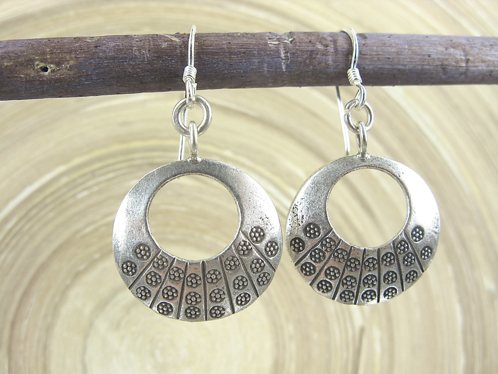 Round Disc Tribal Engrave Dangle 925 Sterling Silver Earrings Earrings Faith Owl - Faith Owl
