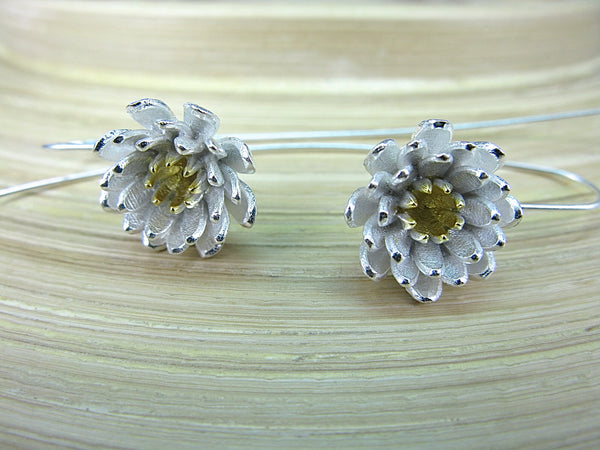 Lotus Flower Vermeil Two Tone 925 Sterling Silver Long Ear Wire Earrings Earrings Faith Owl - Faith Owl
