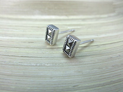 Rectangle Marcasite Stud Earrings in 925 Sterling Silver Stud Faith Owl - Faith Owl