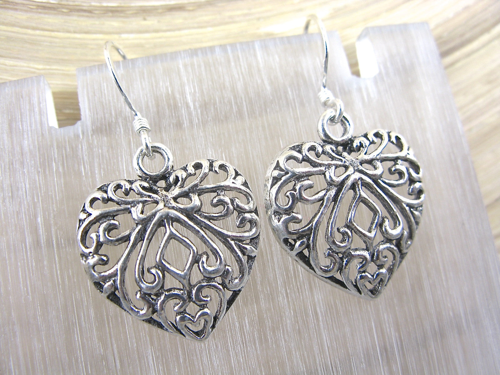 Heart Filigree Lace Oxidized Dangle 925 Sterling Silver Earrings Earrings Faith Owl - Faith Owl
