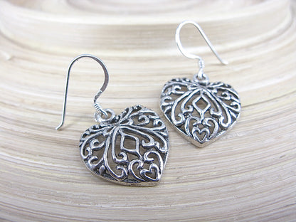 Heart Filigree Lace Oxidized Dangle 925 Sterling Silver Earrings Earrings Faith Owl - Faith Owl