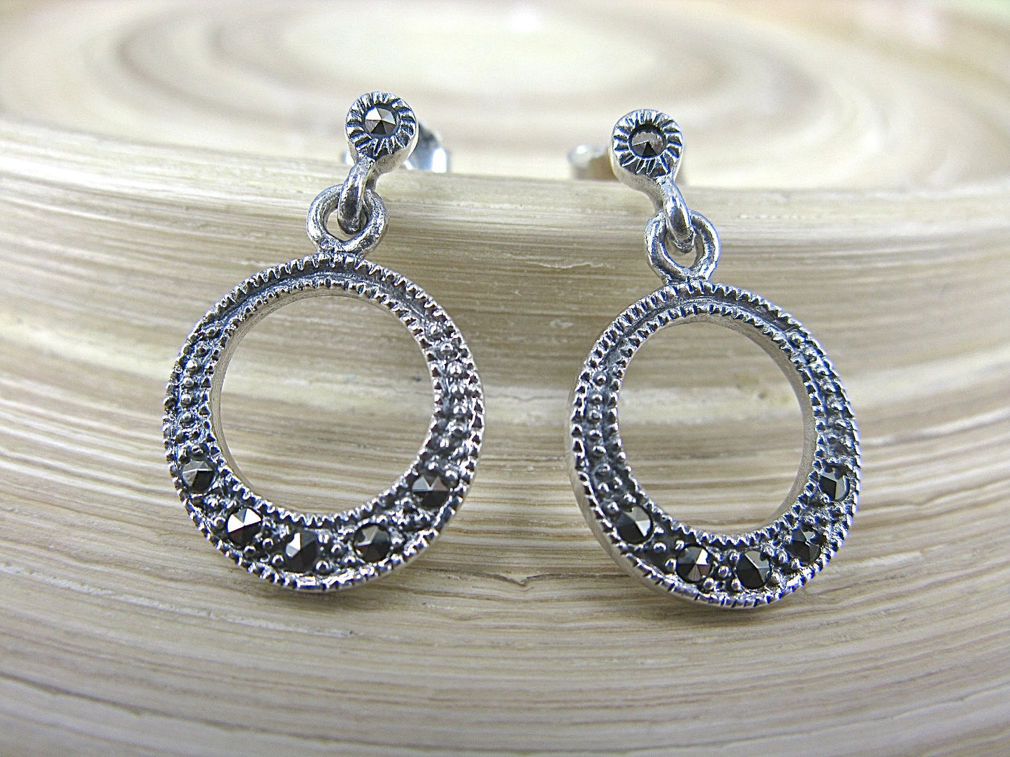 Round Marcasite Circle Vintage 925 Sterling Silver Earrings Earrings Faith Owl - Faith Owl