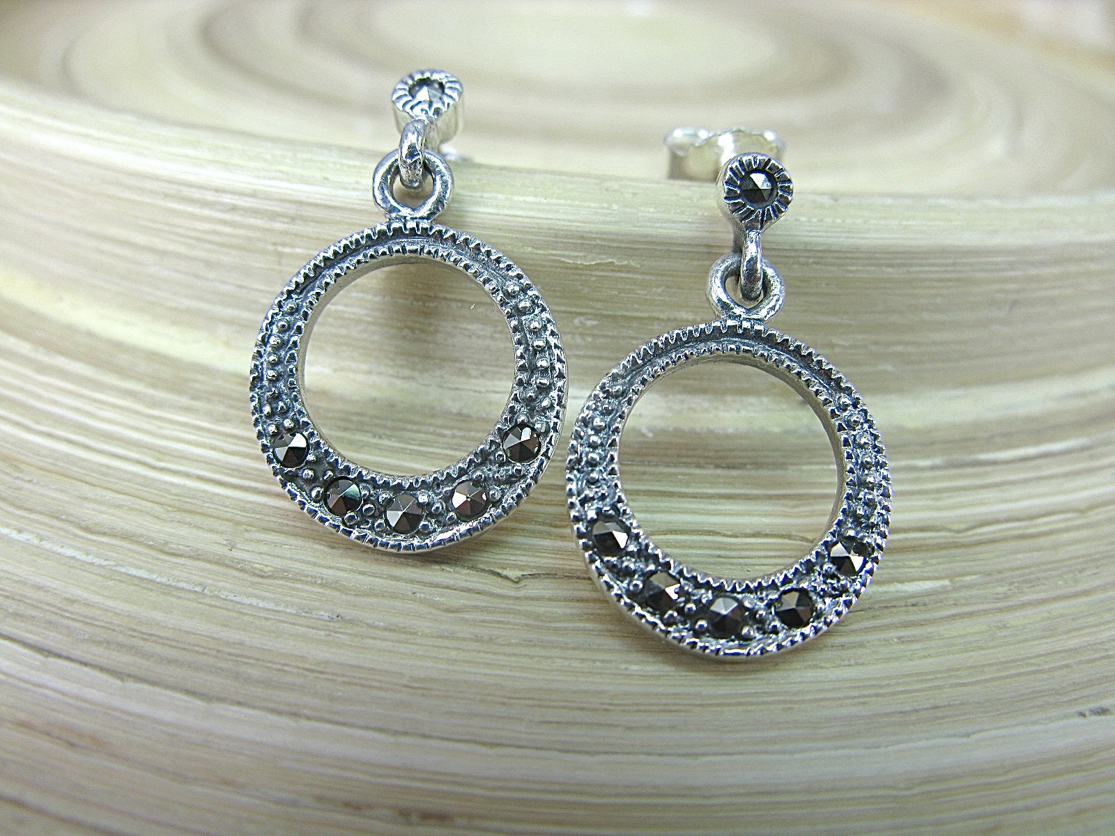 Round Marcasite Circle Earrings in 925 Sterling Silver