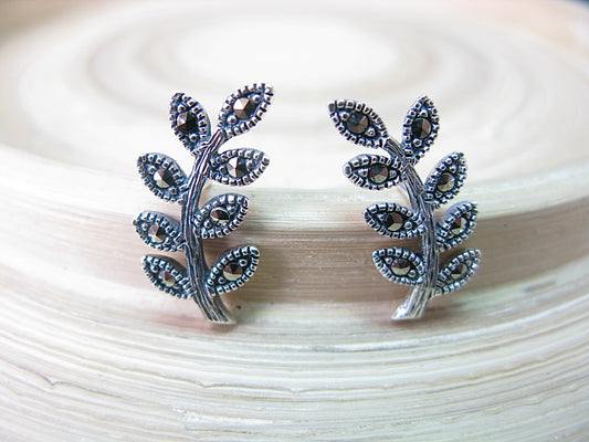Leaf Marcasite Stud Earrings in 925 Sterling Silver Stud - Faith Owl