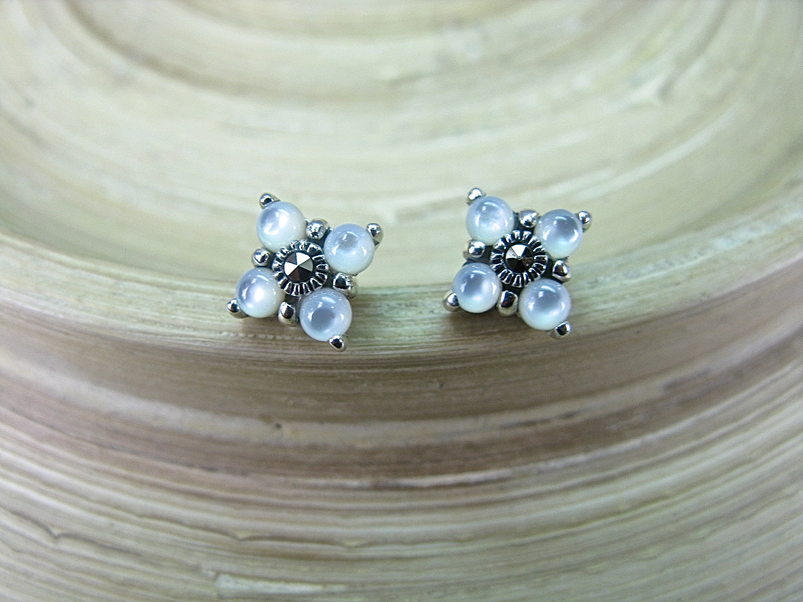 Mother of Pearl Marcasite Stud Earrings in 925 Sterling Silver Stud Faith Owl - Faith Owl