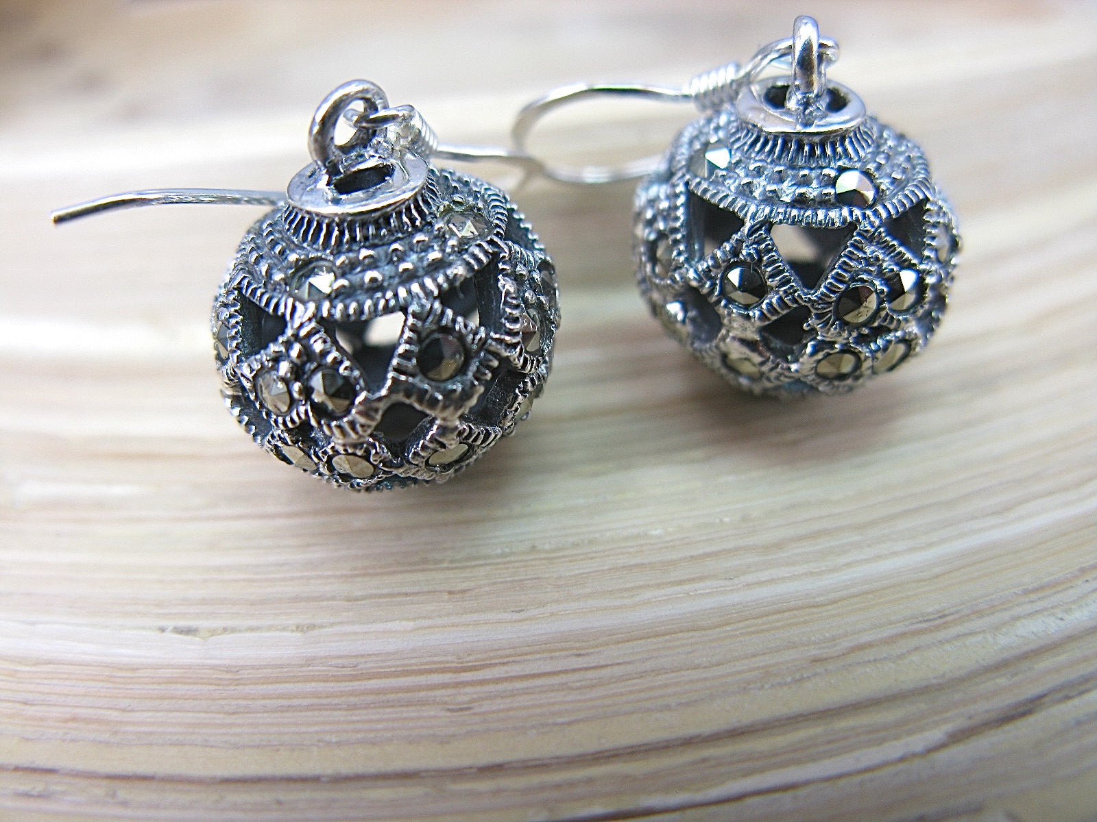Ball Marcasite Vintage Filigree Dangle 925 Sterling Silver Earrings Earrings - Faith Owl