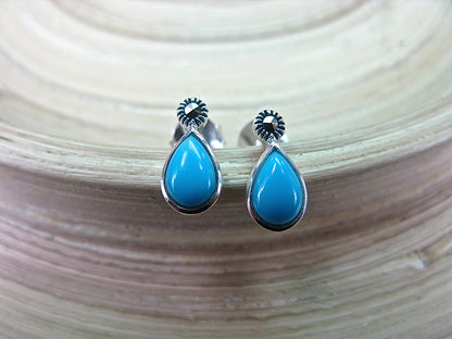 Marcasite Turquoise Tear Drop Stud Earrings in 925 Sterling Silver