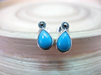 Marcasite Turquoise Tear Drop Stud Earrings in 925 Sterling Silver