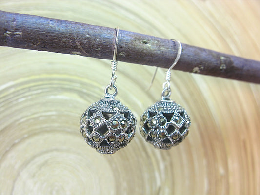 Ball Marcasite Vintage Filigree Dangle 925 Sterling Silver Earrings Earrings - Faith Owl