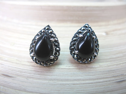 Onyx Marcasite Tear Drop Stud Earrings in 925 Sterling Silver Stud Faith Owl - Faith Owl