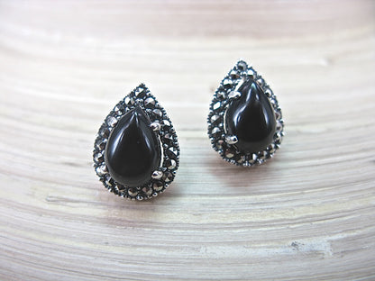 Onyx Marcasite Tear Drop Stud Earrings in 925 Sterling Silver