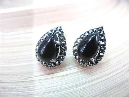 Onyx Marcasite Tear Drop Stud Earrings in 925 Sterling Silver