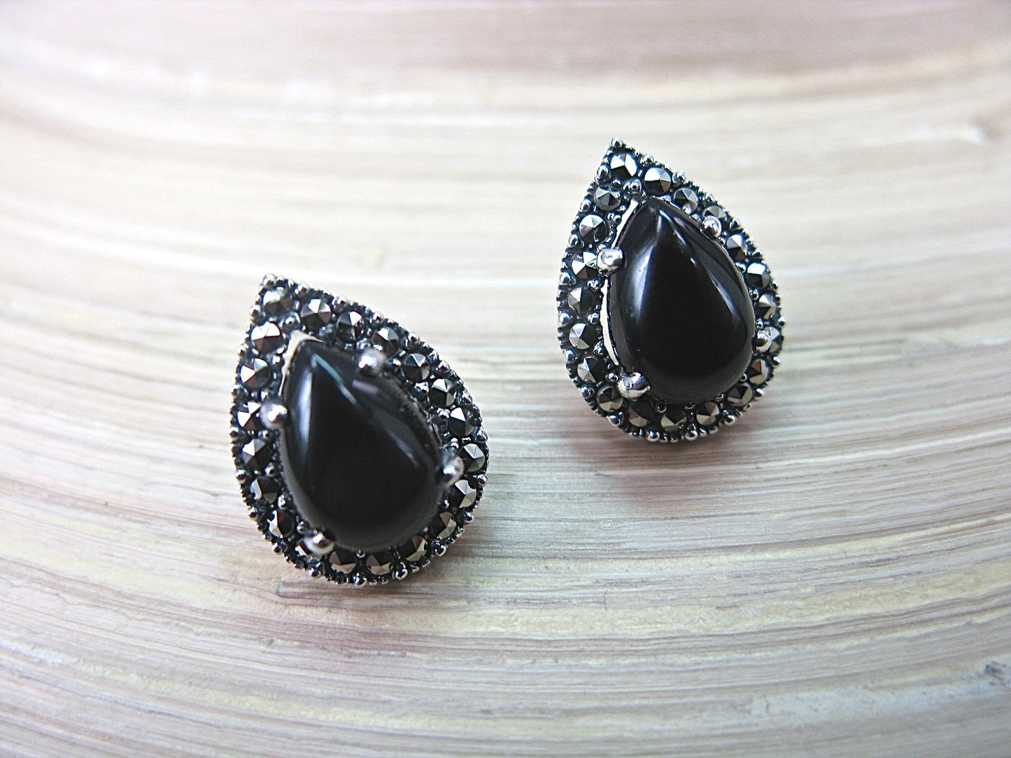 Onyx Marcasite Tear Drop Stud Earrings in 925 Sterling Silver