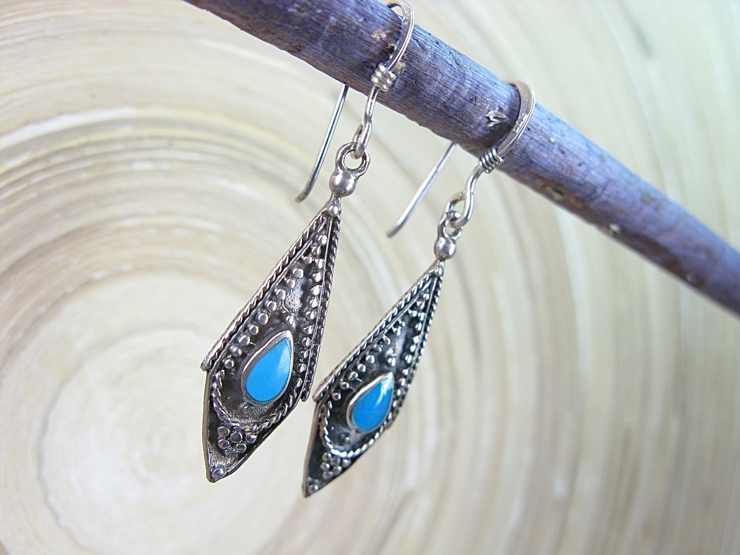 Turquoise Tribal Oxidized Dangle 925 Sterling Silver Earrings Earrings Faith Owl - Faith Owl