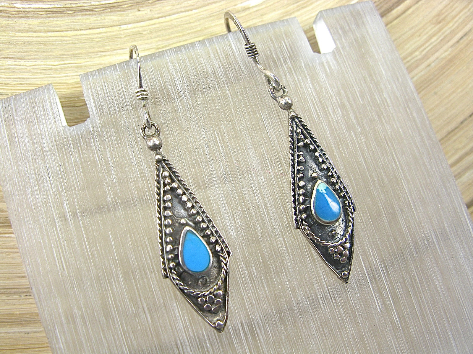 Turquoise Tribal Oxidized Dangle 925 Sterling Silver Earrings Earrings Faith Owl - Faith Owl