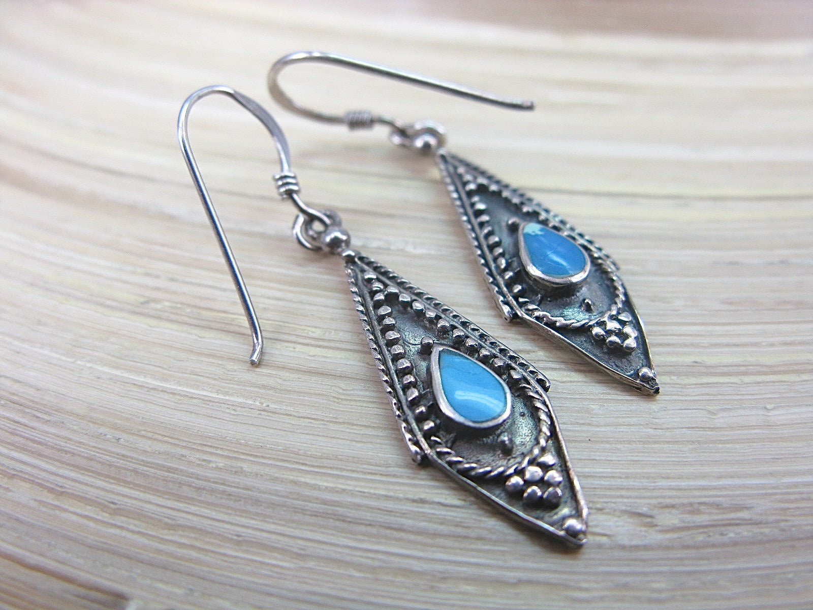 Turquoise Tribal Oxidized Dangle 925 Sterling Silver Earrings Earrings Faith Owl - Faith Owl