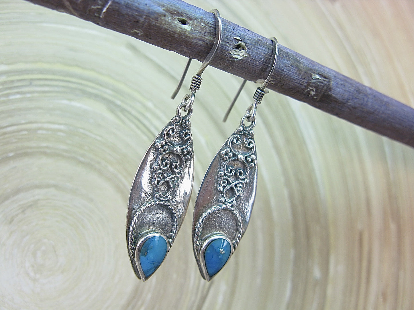 Turquoise Tribal Dangle Oxidized 925 Sterling Silver Earrings Earrings Faith Owl - Faith Owl