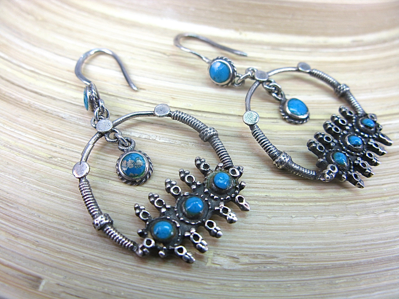 Turquoise Tribal Oxidized Dangle 925 Sterling Silver Earrings Earrings Faith Owl - Faith Owl