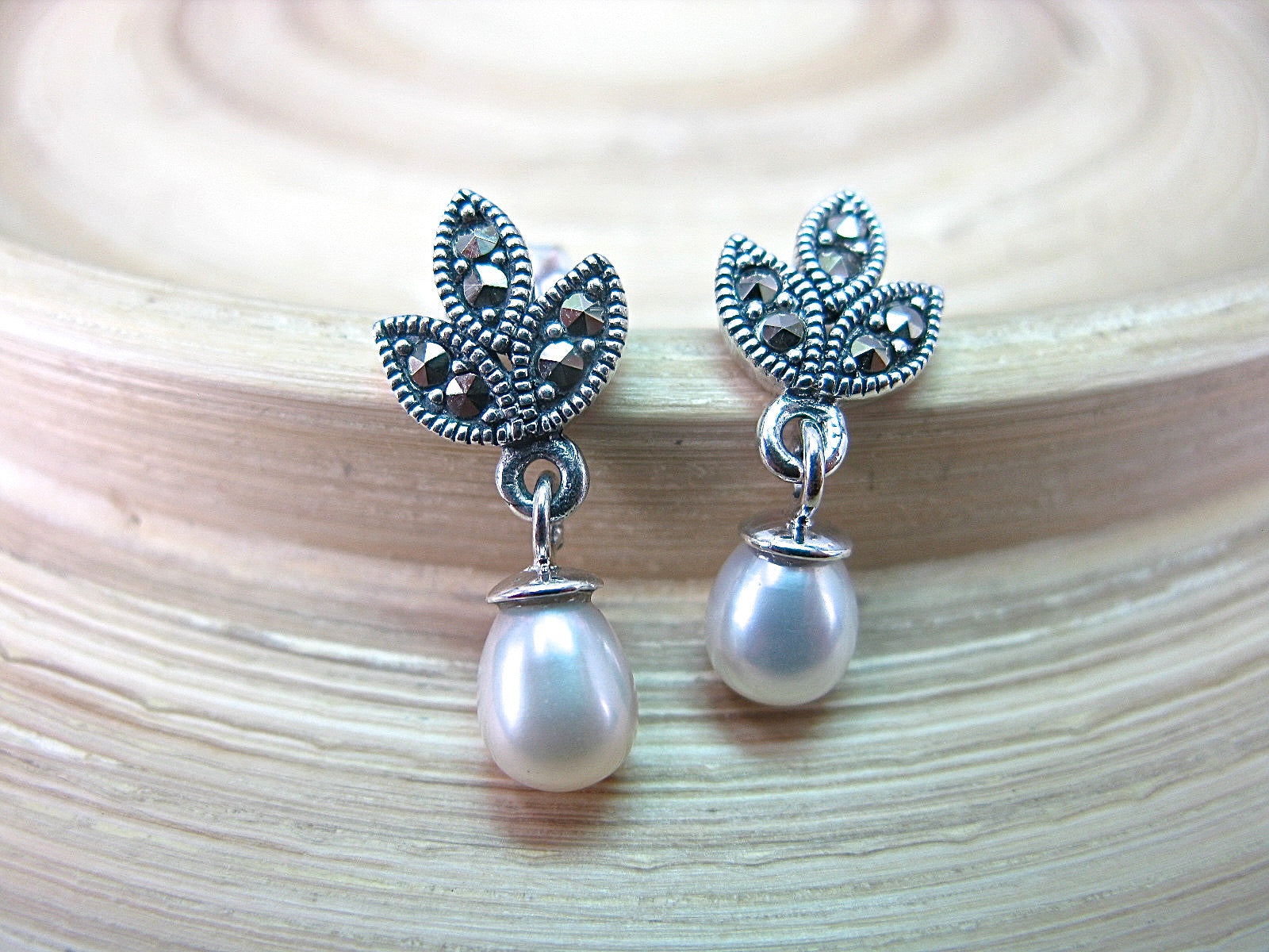 Marcasite Pearl Drop Earrings in 925 Sterling Silver Earrings Faith Owl - Faith Owl