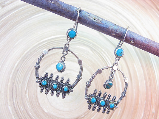 Turquoise Tribal Oxidized Dangle 925 Sterling Silver Earrings Earrings Faith Owl - Faith Owl