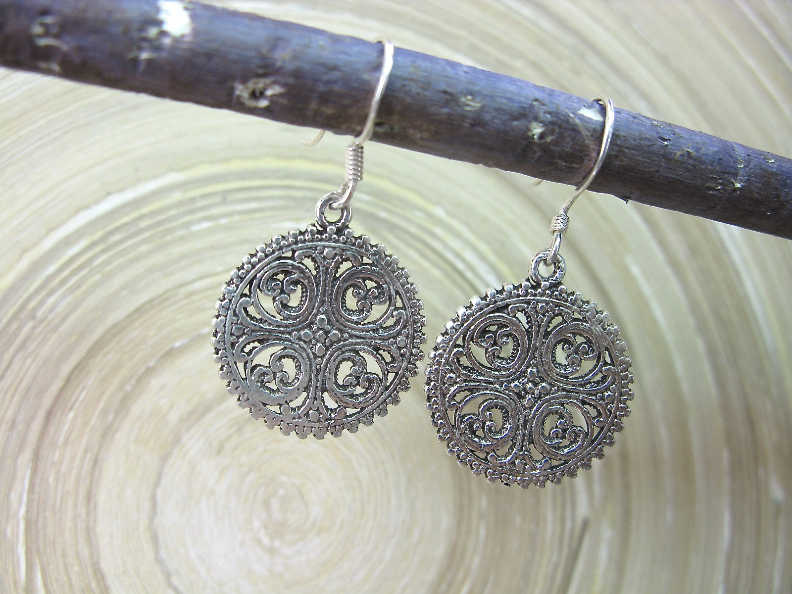 Filigree Tribal Round Oxidized Dangled 925 Sterling Silver Earrings Earrings Faith Owl - Faith Owl