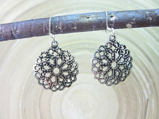 Filigree Tribal Round Oxidized Dangle 925 Sterling Silver Earrings Earrings - Faith Owl