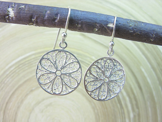 Filigree Lace Flower Round Dangle 925 Sterling Silver Earrings Earrings - Faith Owl