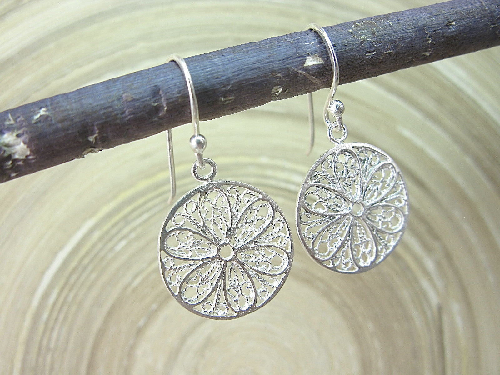 Filigree Lace Flower Round Dangle 925 Sterling Silver Earrings Earrings - Faith Owl