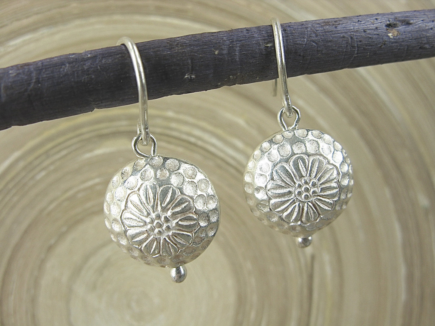 3D Round Tribal Disc Dangle 925 Sterling Silver Earrings Earrings - Faith Owl