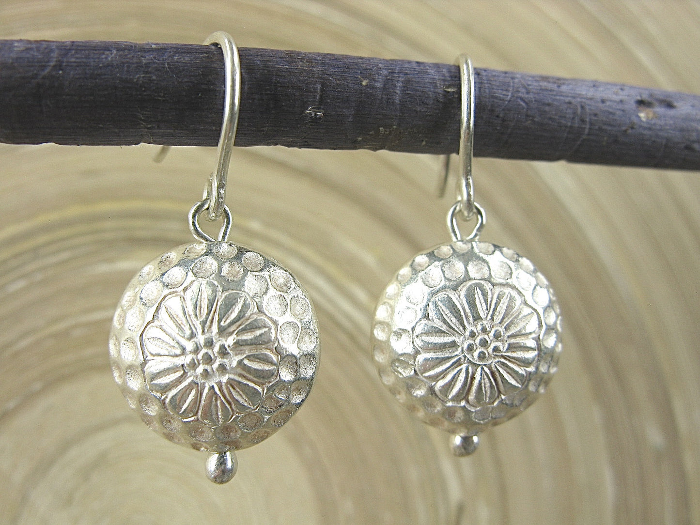 3D Round Tribal Disc Dangle 925 Sterling Silver Earrings Earrings - Faith Owl