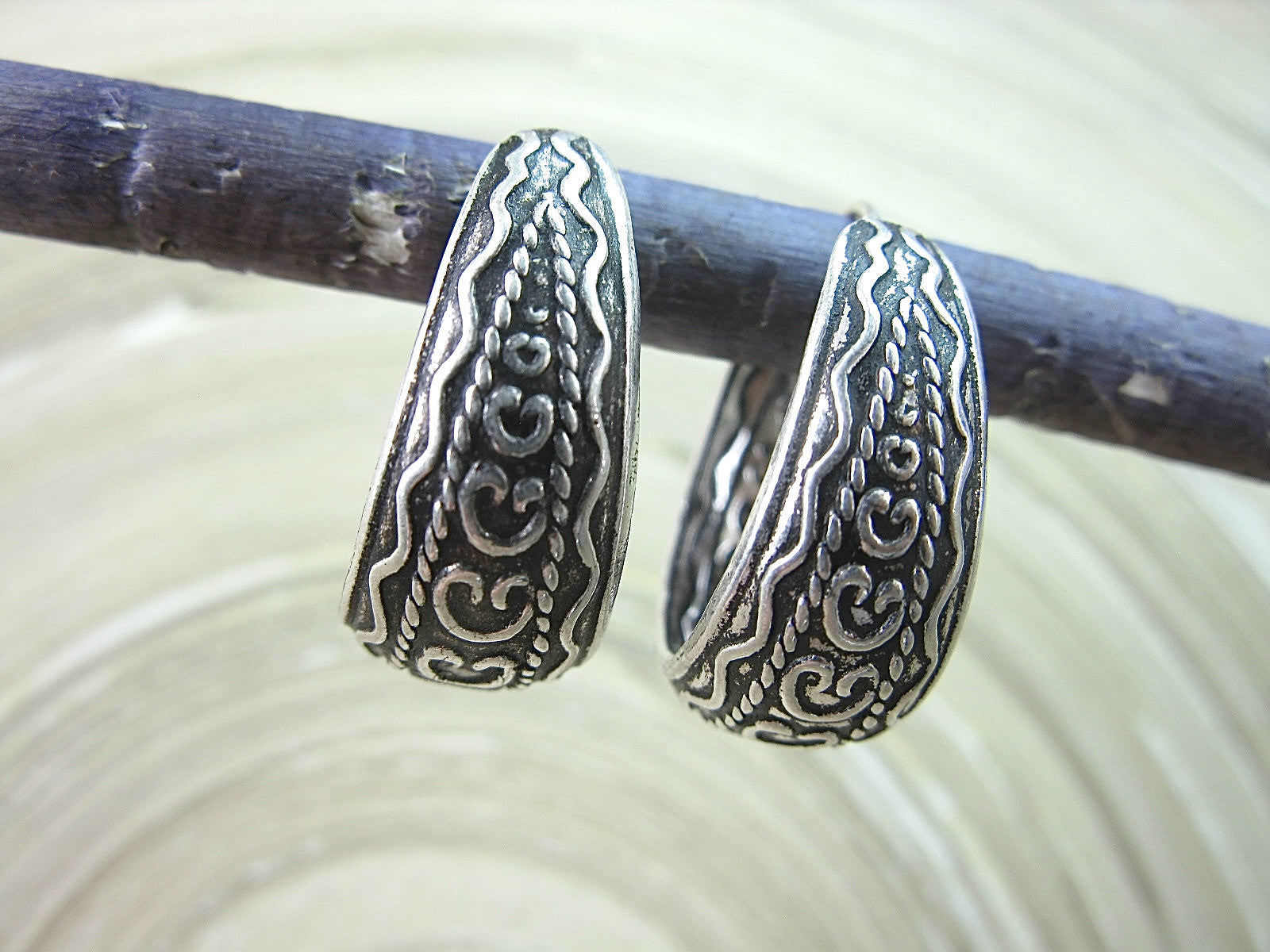 Balinese Engrave Dangle 925 Sterling Silver Silver Hoop Earrings Earrings - Faith Owl