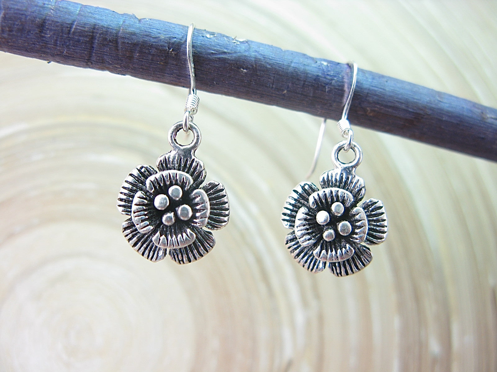 Flower Tribal Dangle Drop Oxidized 925 Sterling Silver Earrings Earrings Faith Owl - Faith Owl