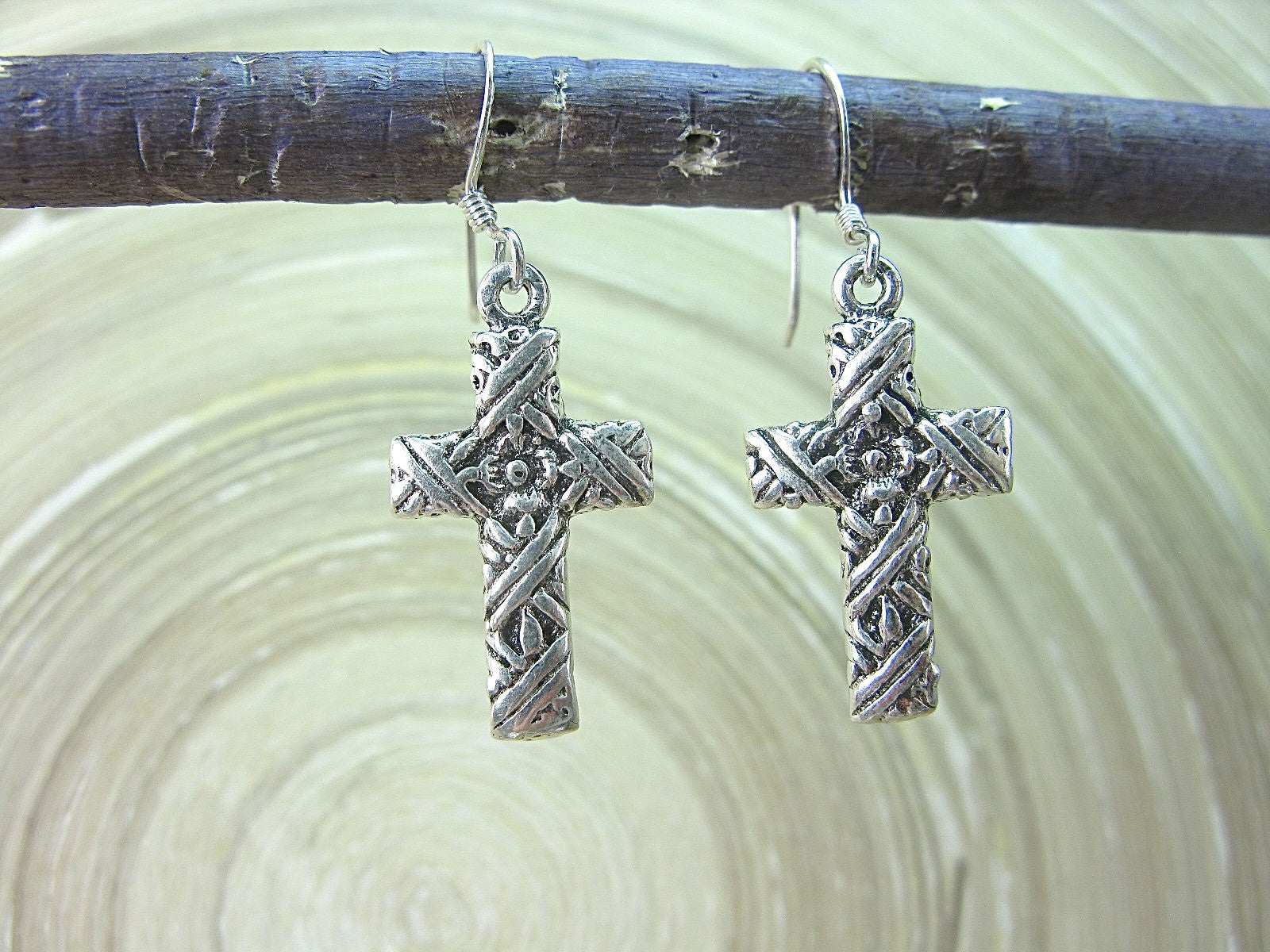 Cross Engrave Oxidized Dangle Drop 925 Sterling Silver Earrings Earrings - Faith Owl